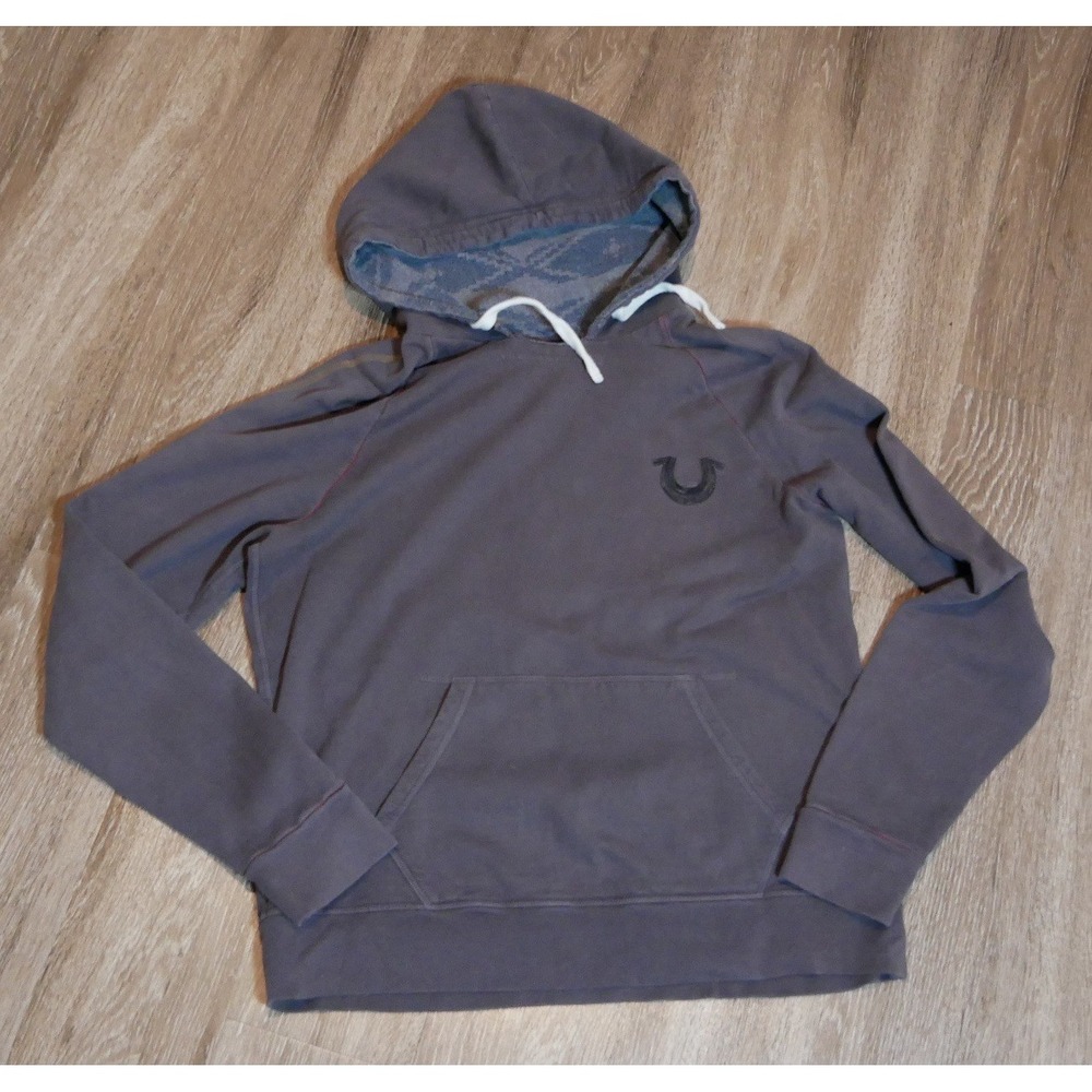 True Religion Mens Horseshoe Logo‎ Pullover Hoodie Gray Purple Fleece Large USA
